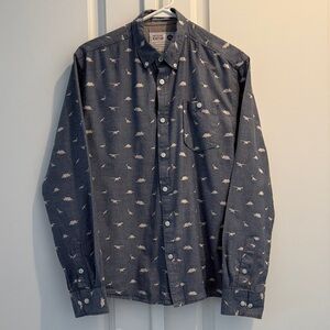 Men's Blue Patterned Button-Down Shirt, Dinosaur Pattern, Size S Fitted